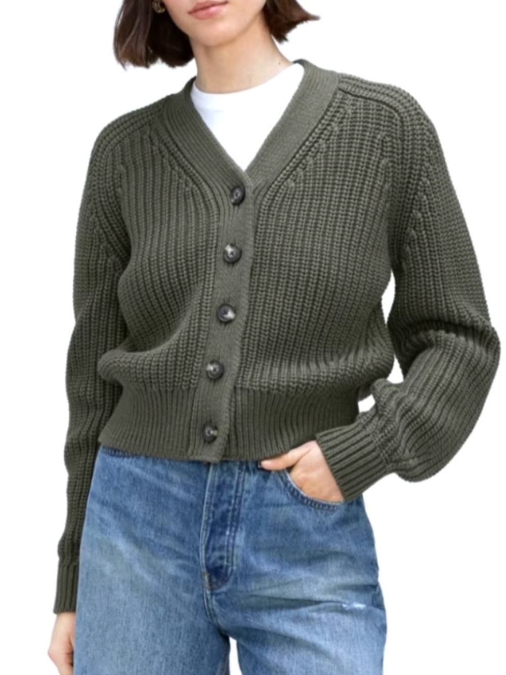 EVERLANE The Texture Cotton Cardigan Size Medium Green Chunky Knit